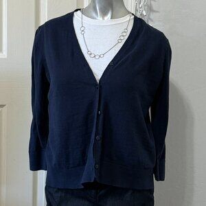 Ann Taylor Lightweight Cotton Navy Blue Cardigan with 3/4 Length Sleeves